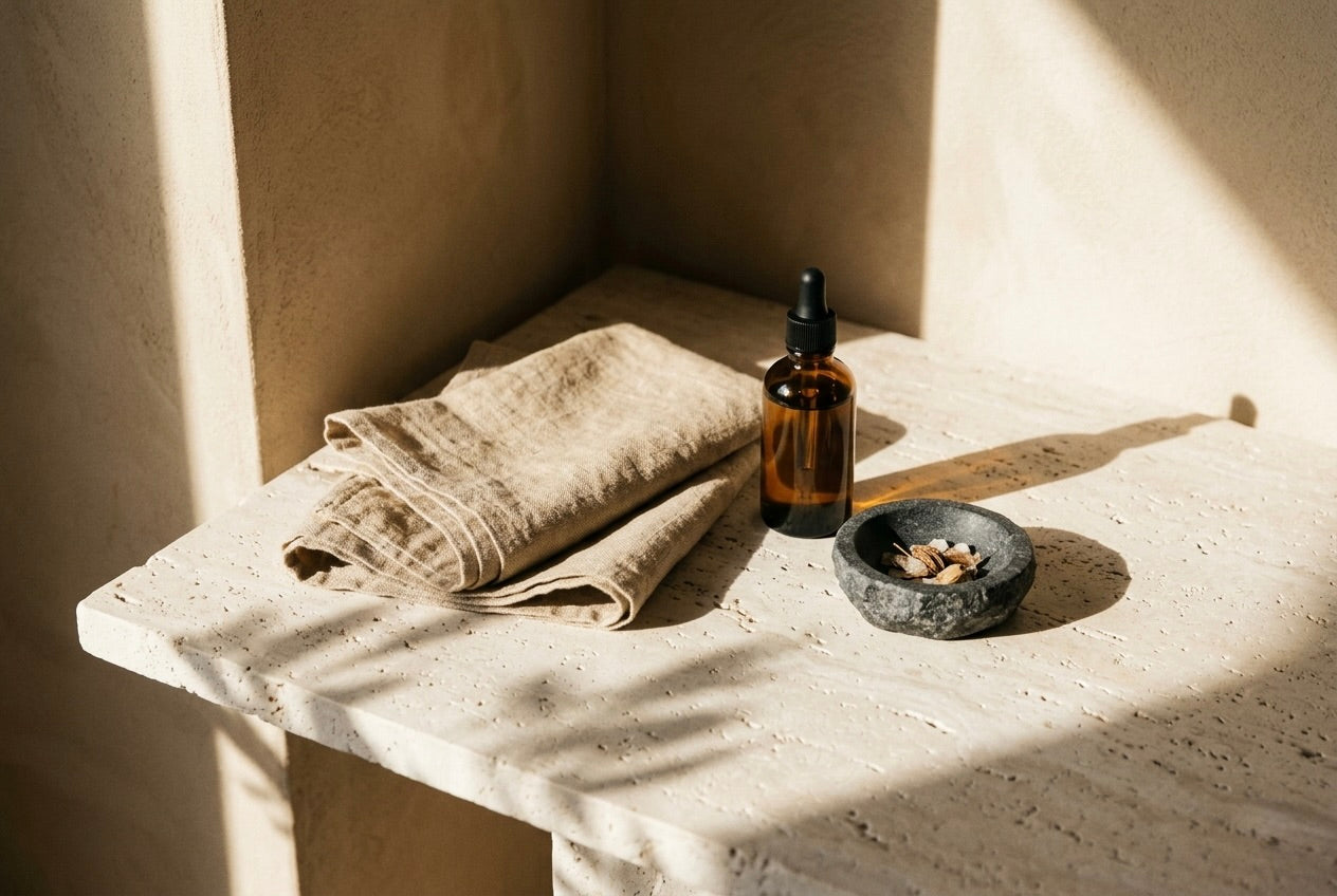 A stone shelf with folded linen, an amber dropper bottle and a small dish