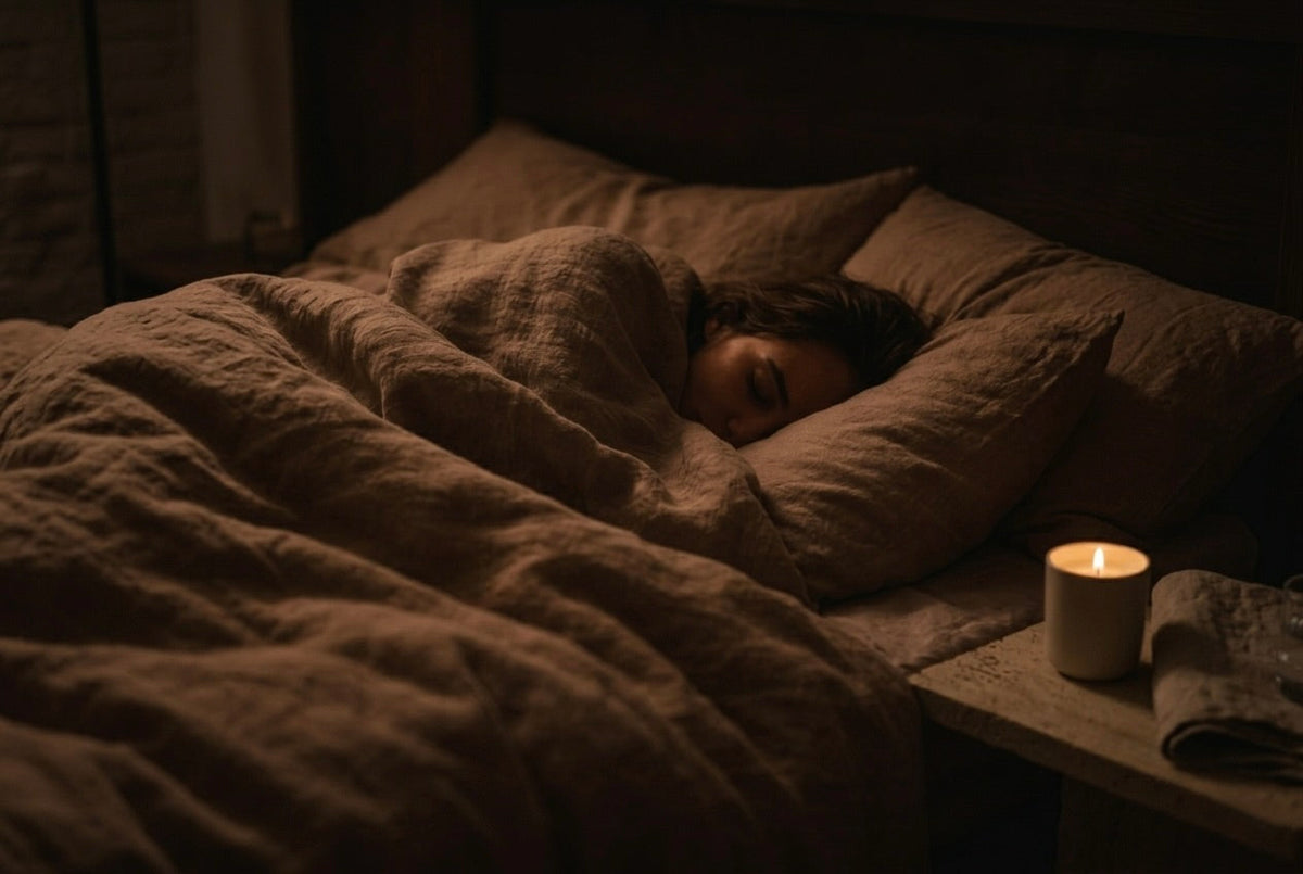 Rumpled linen bedding in low evening light, a candle alight nearby