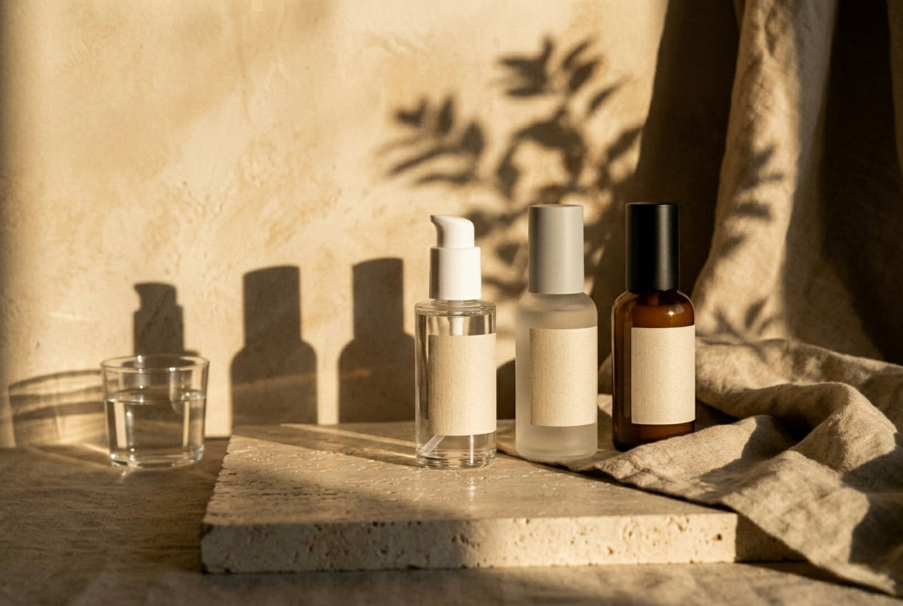 Glass and amber bottles casting long shadows across travertine
