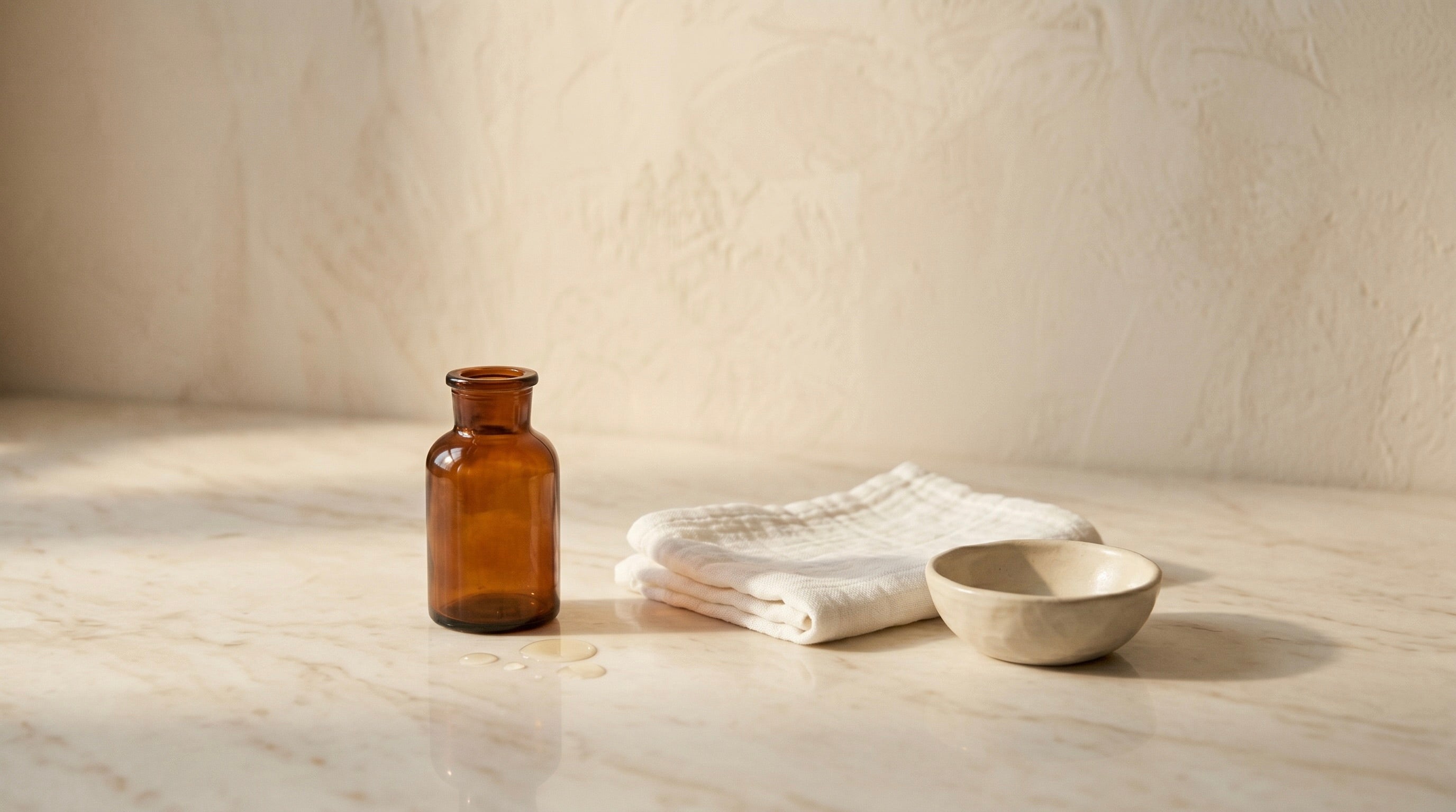 An amber bottle, a folded white towel and a small bowl on marble