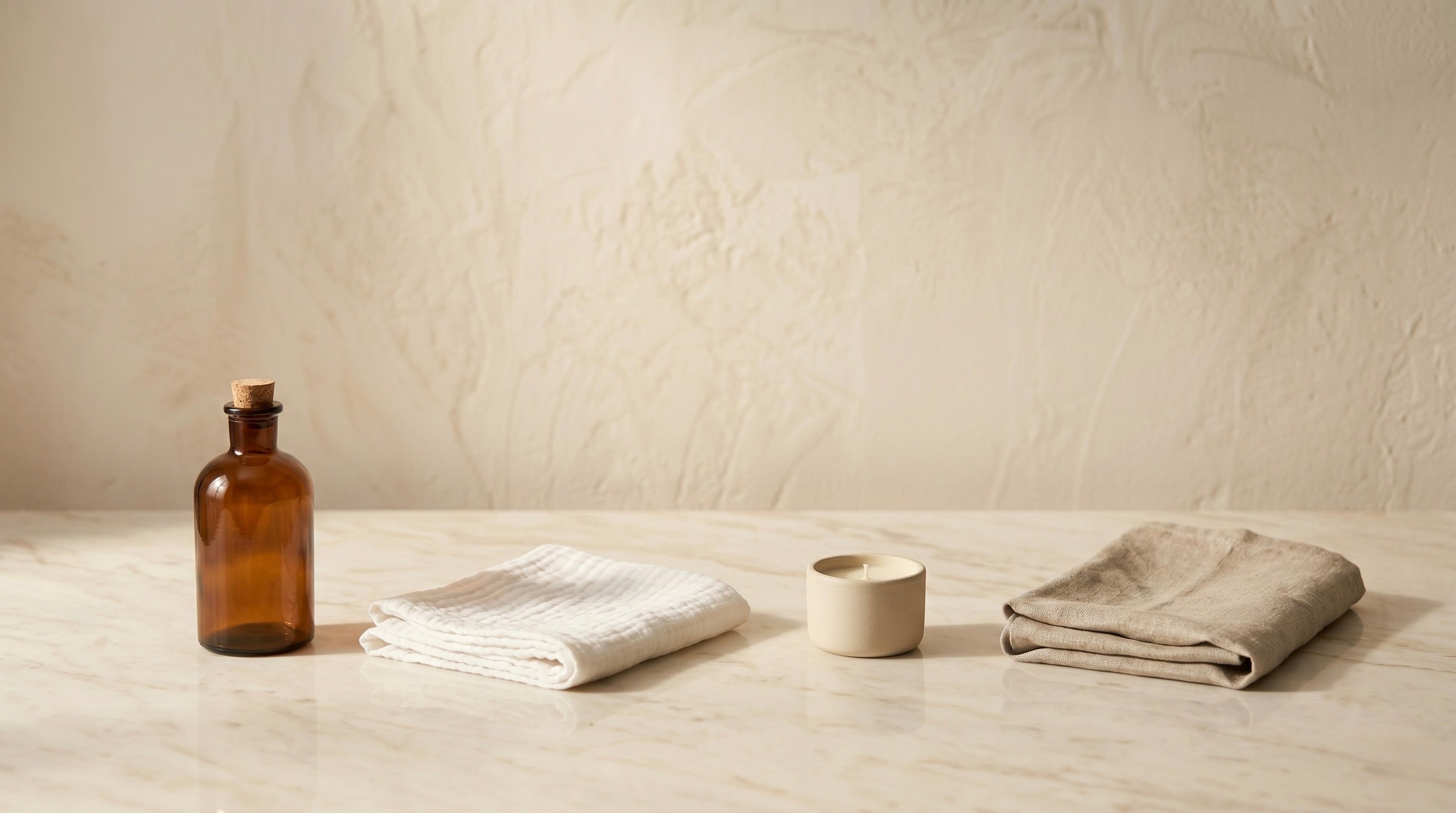 An amber bottle, a ceramic cup and a folded towel against a plaster wall