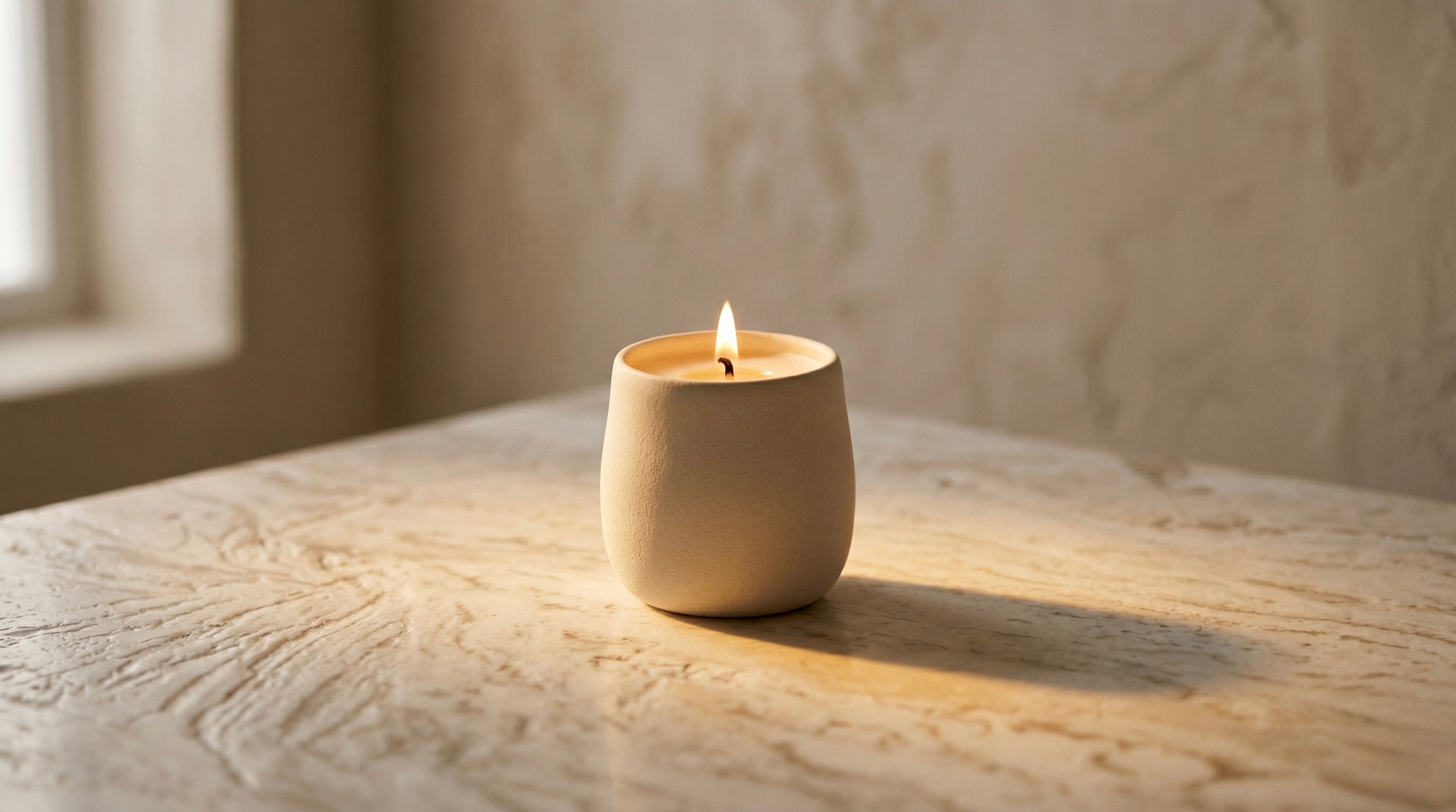 A single lit candle on a travertine table beside a window