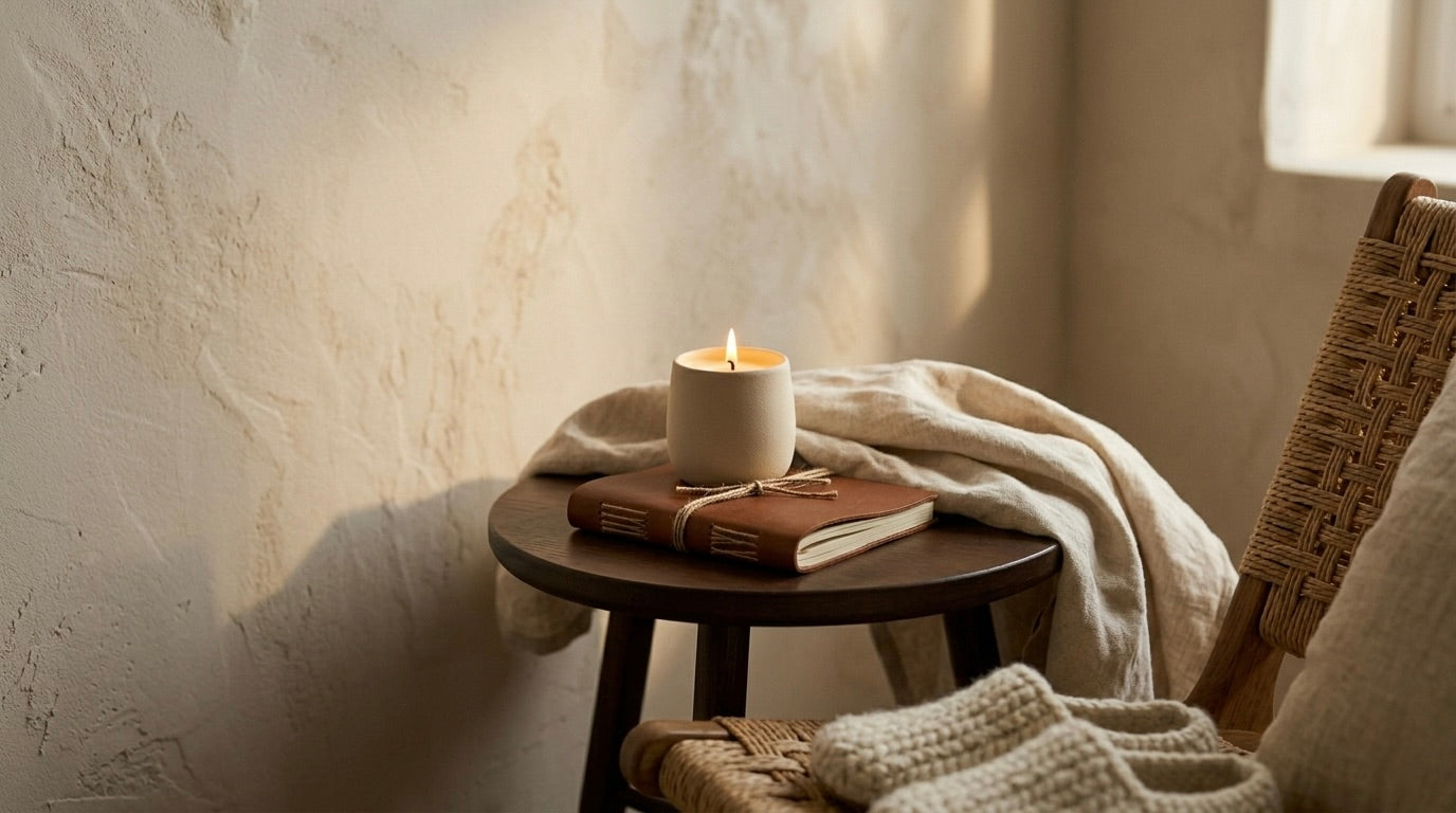 A lit candle on a low wooden stool with a knitted throw