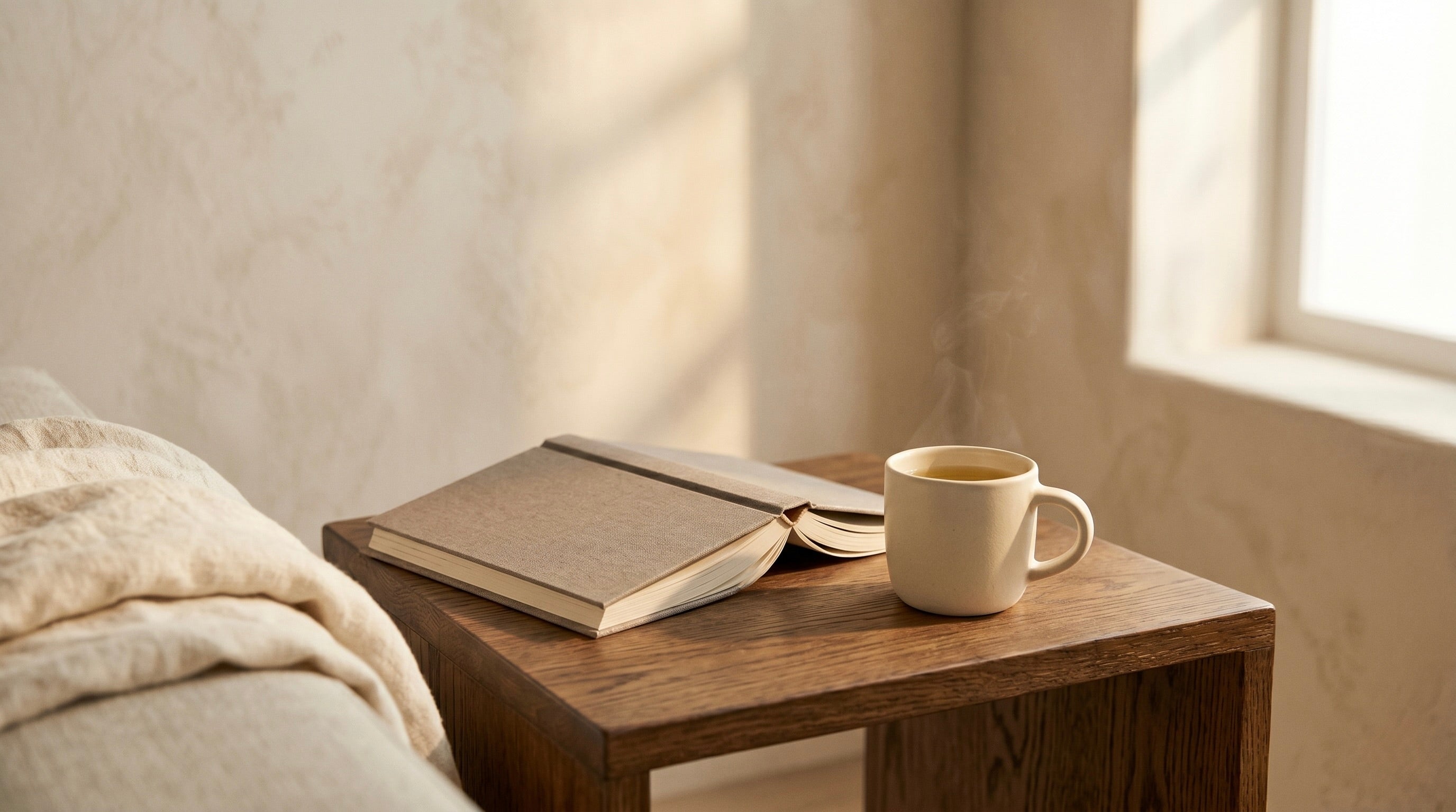 A book and a cup on a wooden bedside table beside an unmade bed