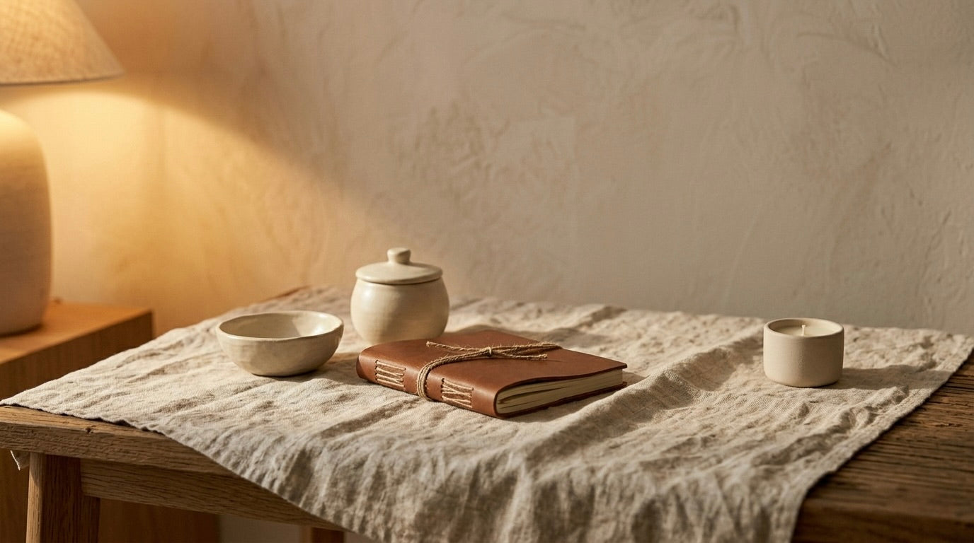 A leather notebook and ceramic cup on a linen-covered bedside table
