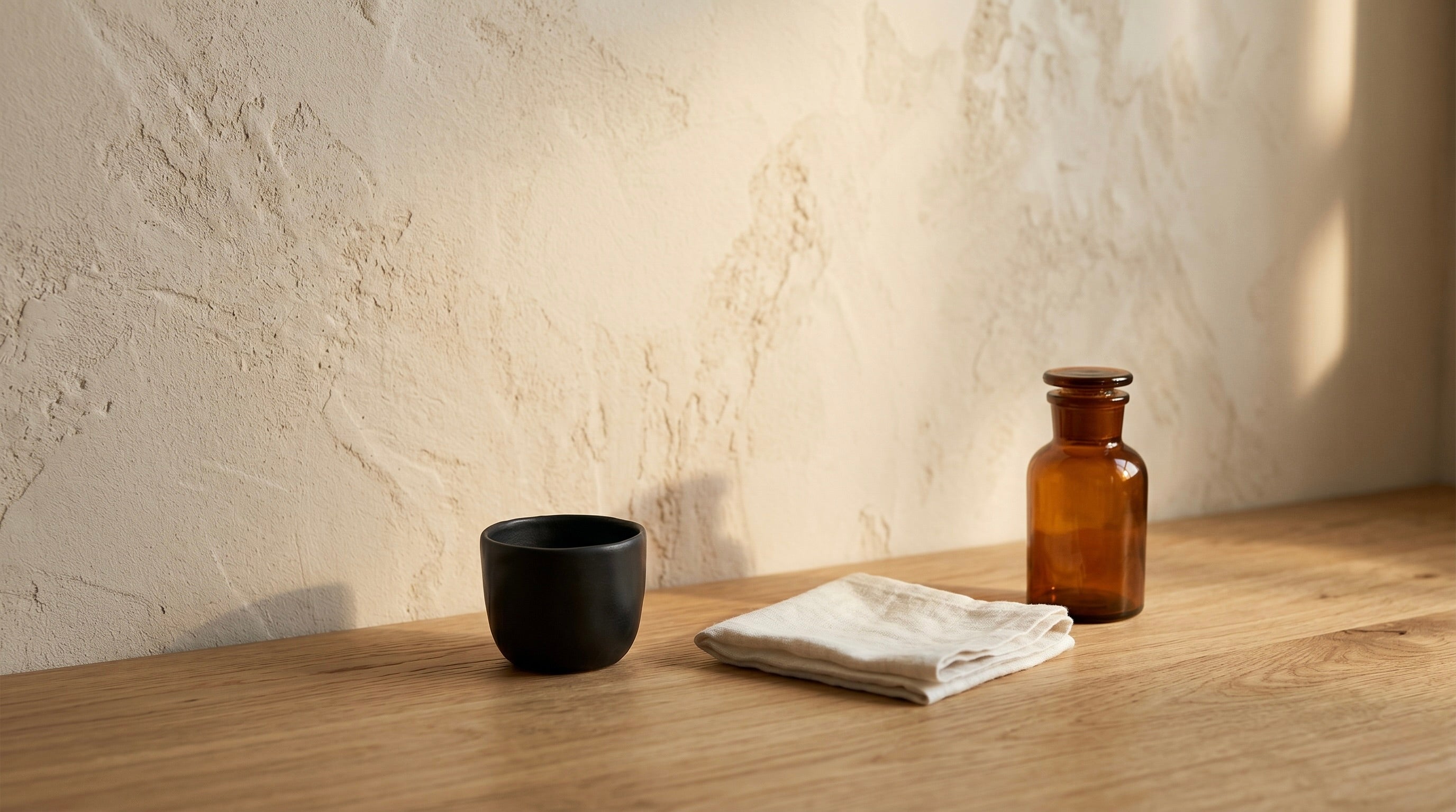 A dark ceramic cup and an amber apothecary bottle on an oak surface