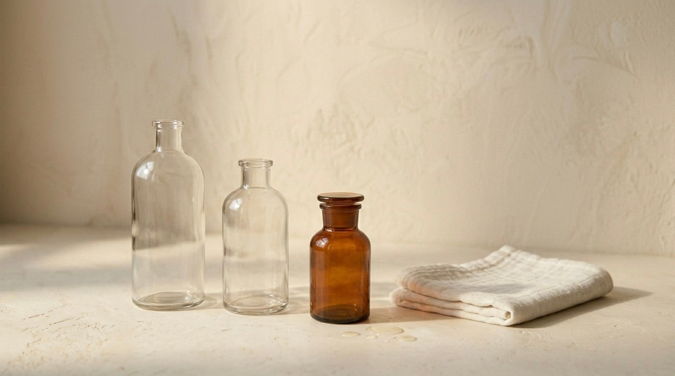Clear and amber bottles beside a folded towel in soft daylight