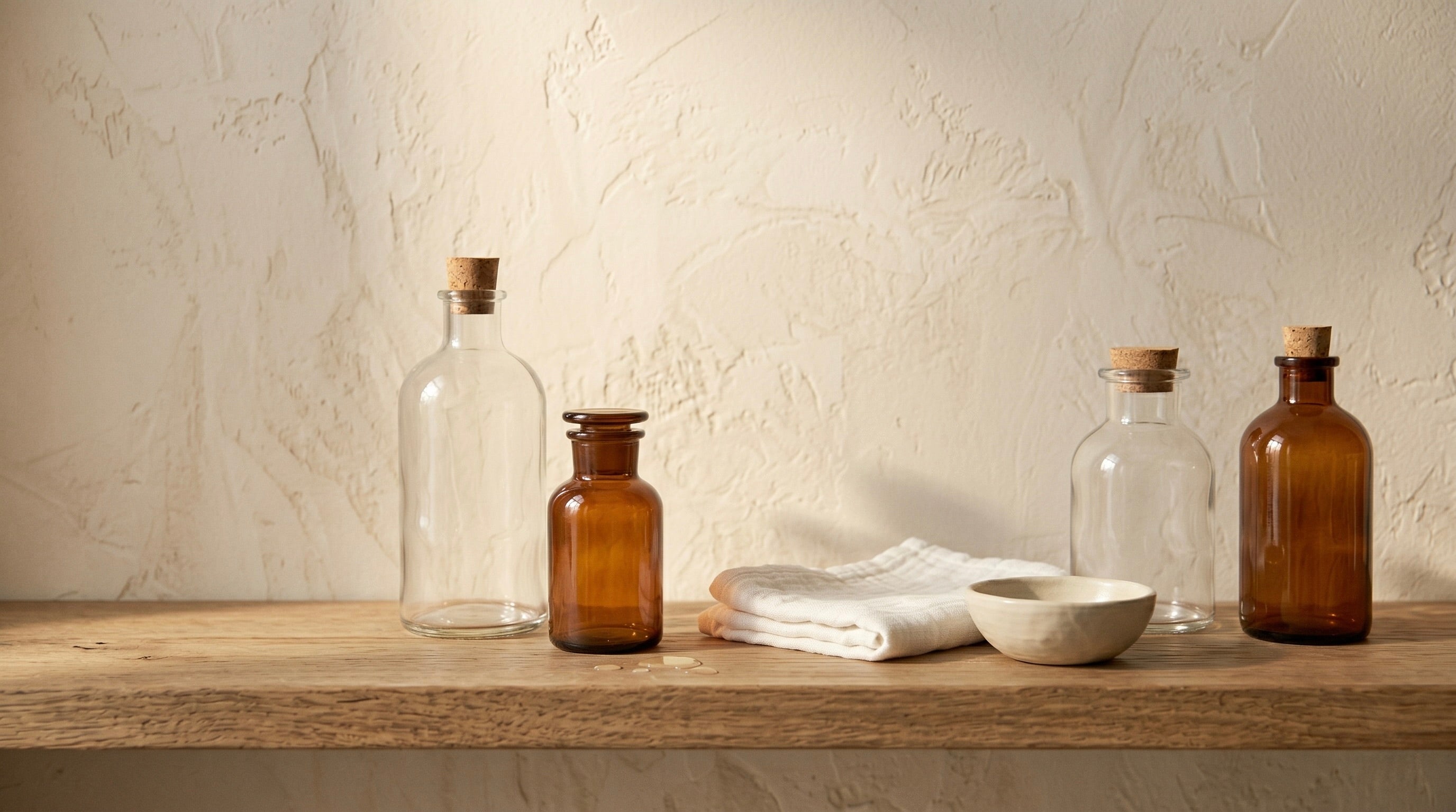 A row of glass and amber apothecary bottles along a travertine ledge