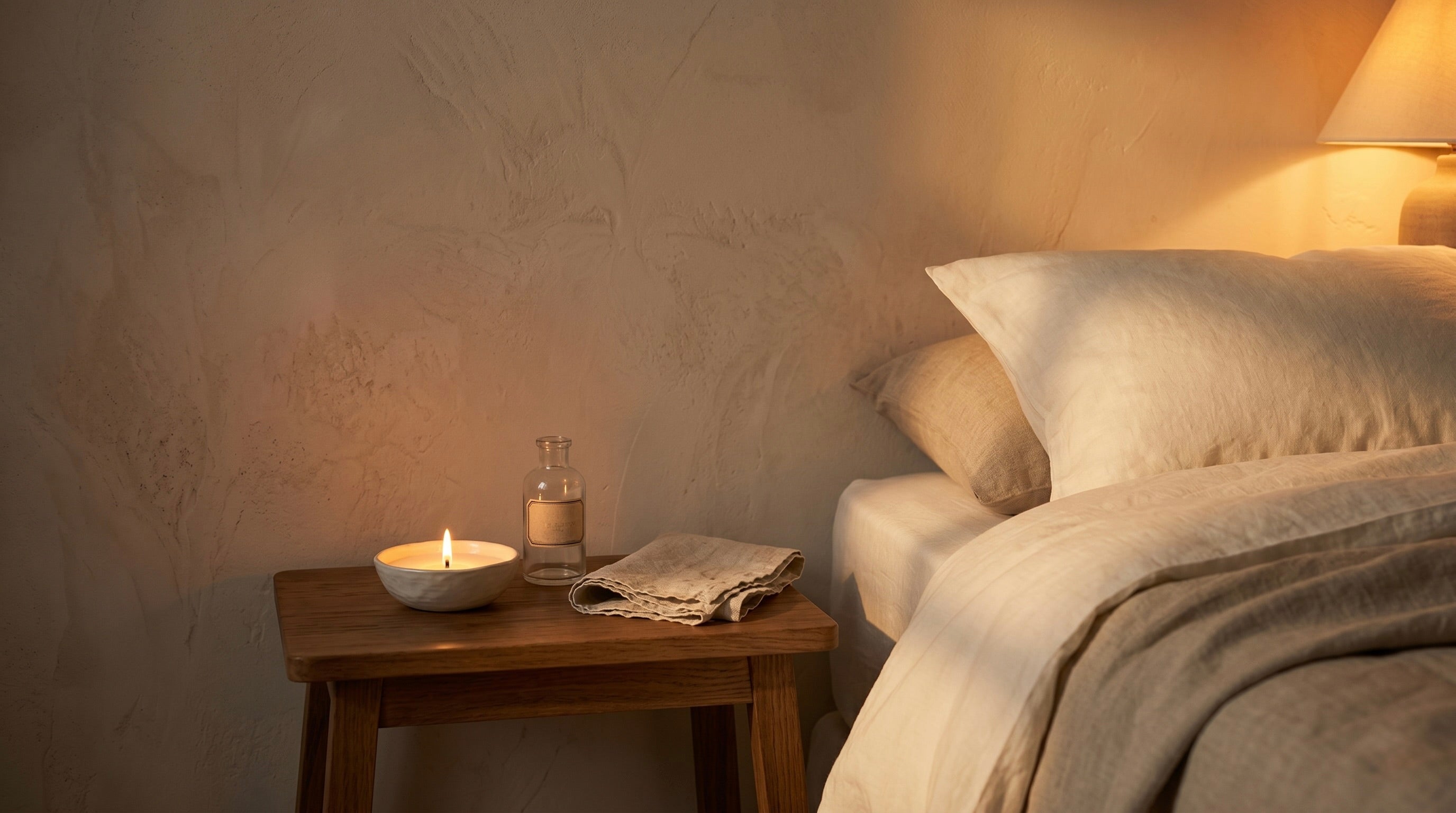 A candle burning on a bedside table beside linen bedding