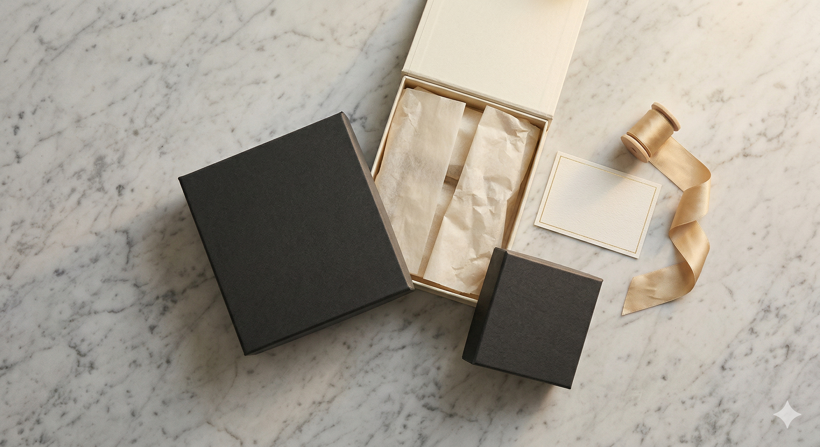 Open gift box with a black interior on a marble surface