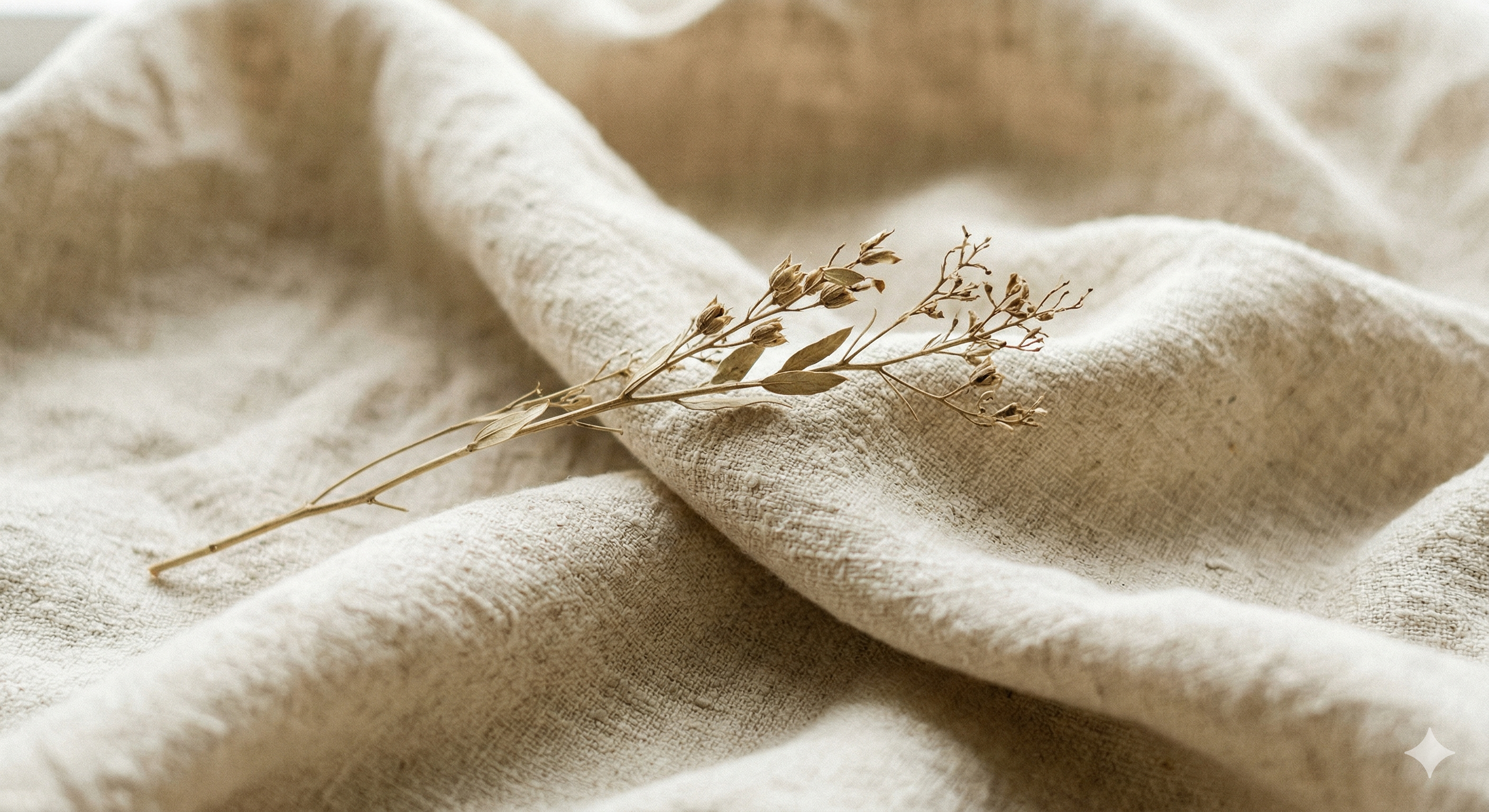 Close-up of beige fabric with a dried plant stem on top